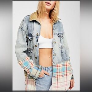 FP Movement by Free People Blue Jean Jacket with Plaid Accents